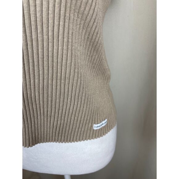 Calvin Klein Jeans Taupe Ribbed Polo Knit Top, Size M - Picture 2 of 4